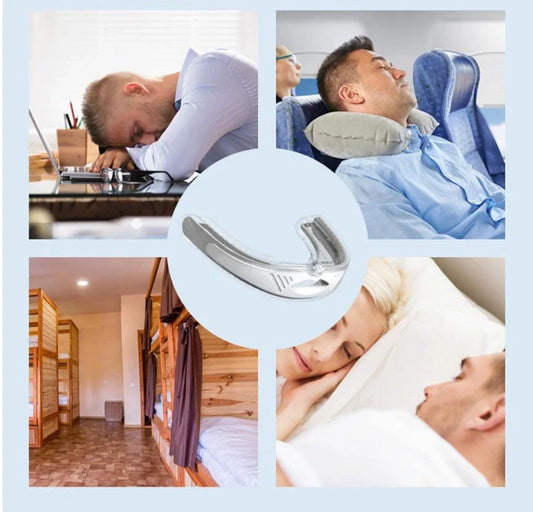 Anti-snoring device braces in white and black, made from food-grade silicone