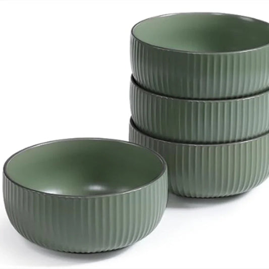 Set of 4 ceramic kitchen bowls, 46oz each, in grey and green, microwave and oven safe