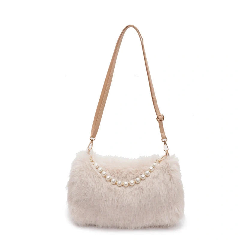 Plush pearl chain crossbody bag in various colours for autumn and winter fashion