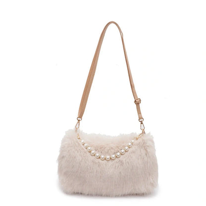 Plush pearl chain crossbody bag in various colours for autumn and winter fashion