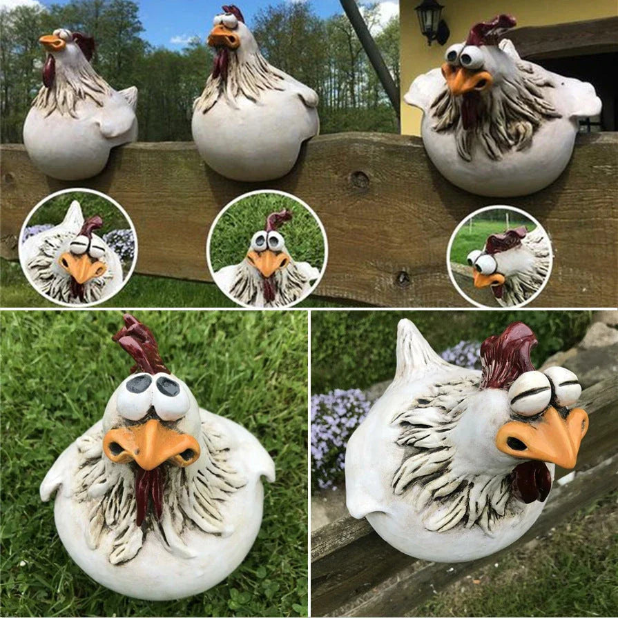 Charming resin chicken garden ornament with vibrant colours and playful design, perfect for adding a whimsical touch to outdoor spaces