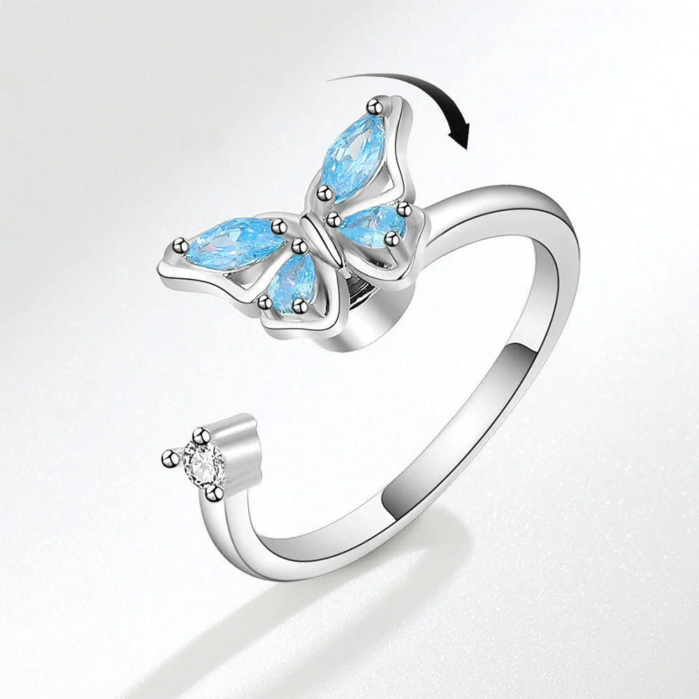 Adjustable rotatable butterfly ring for women with zircon inlay, available in multiple designs