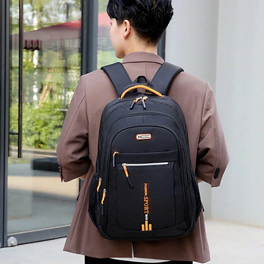 Men's large capacity anti-theft computer backpack in green, blue, black, and orange