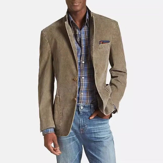 Men's slim fit khaki denim suit with three-pocket design