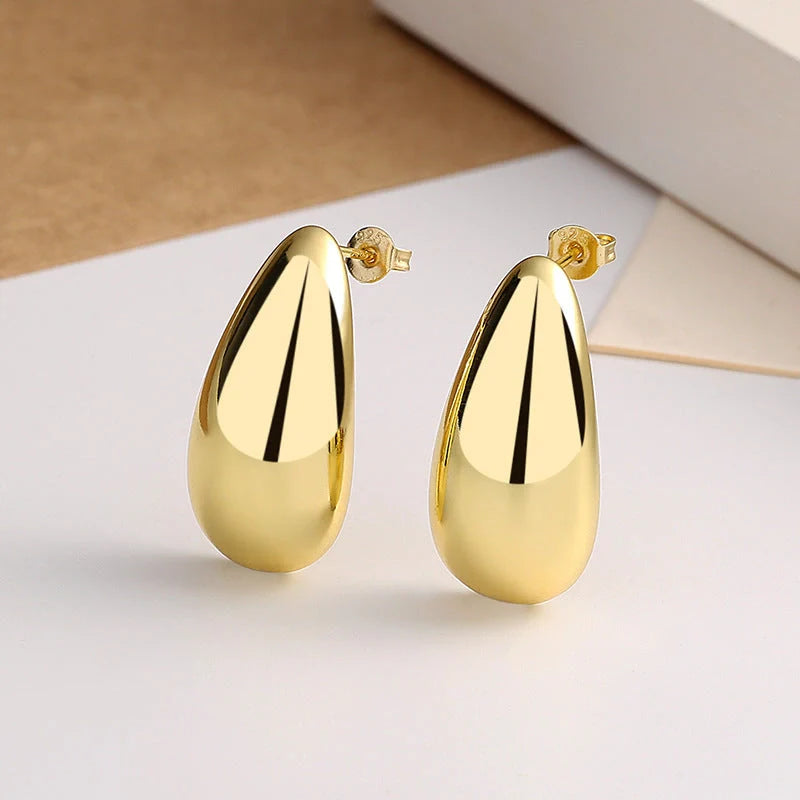 Water Drop Glossy 16k Real Gold Plated Copper Earrings with geometric design