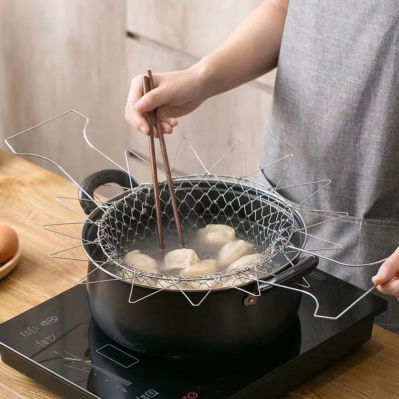 Stainless steel deep-fry basket with cool-touch handles and easy draining design