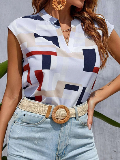 Women's Digital Print Doll Sleeve V-Neck Top in blue, pink, orange, and white