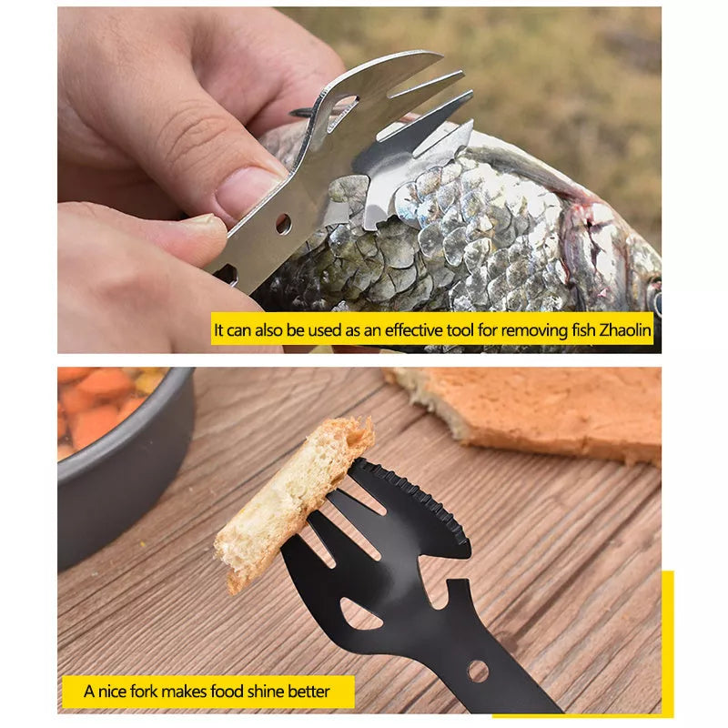 Stainless steel multifunctional fork and spoon set with bottle opener for outdoor adventures