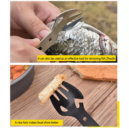 Stainless steel multifunctional fork and spoon set with bottle opener for outdoor adventures