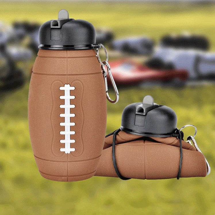 Brown rugby ball-shaped collapsible water bottle with leak-proof silicone seal