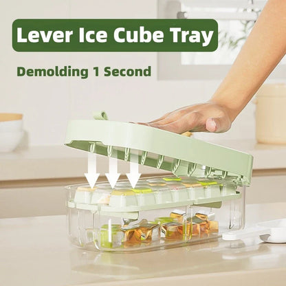 Versatile ice cube tray with high capacity, easy release, and dedicated storage compartment for included ice shovel