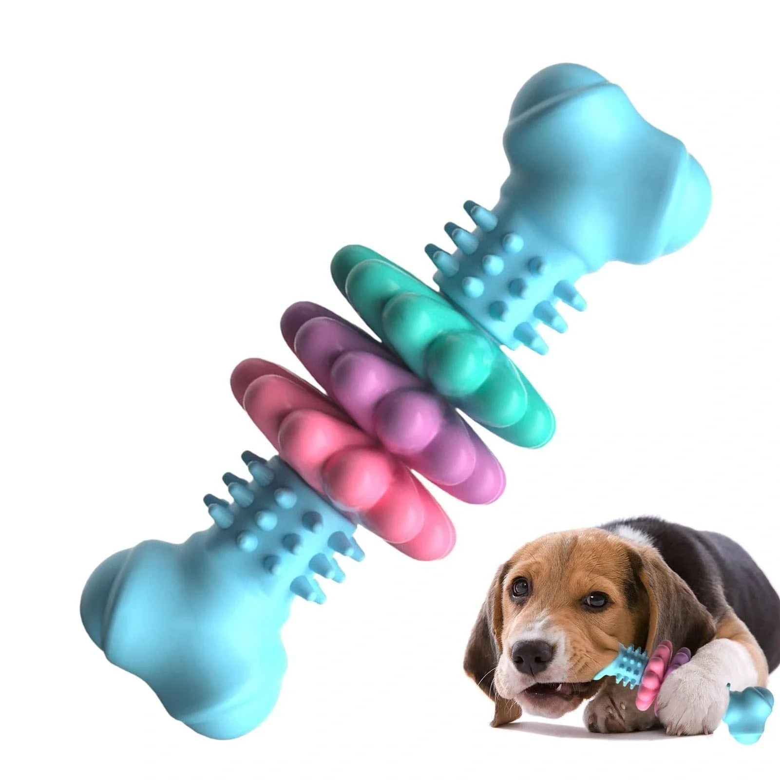TPR dog chew toy bone shape in blue, pink, and green for teeth cleaning and stress relief