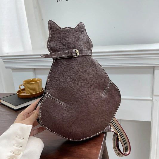 Women's PU leather cat-themed messenger shoulder bag in black, coffee, and brown