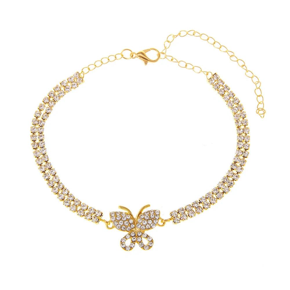 Butterfly Anklet with alloy inlaid gemstones in gold and silver for women