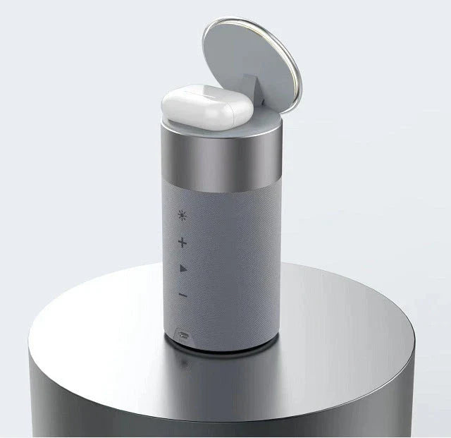 A 3-in-1 device that combines a wireless charger, Bluetooth speaker, and touch-controlled lamp for versatile functionality in the home or office.