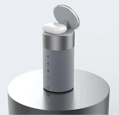 A 3-in-1 device that combines a wireless charger, Bluetooth speaker, and touch-controlled lamp for versatile functionality in the home or office.