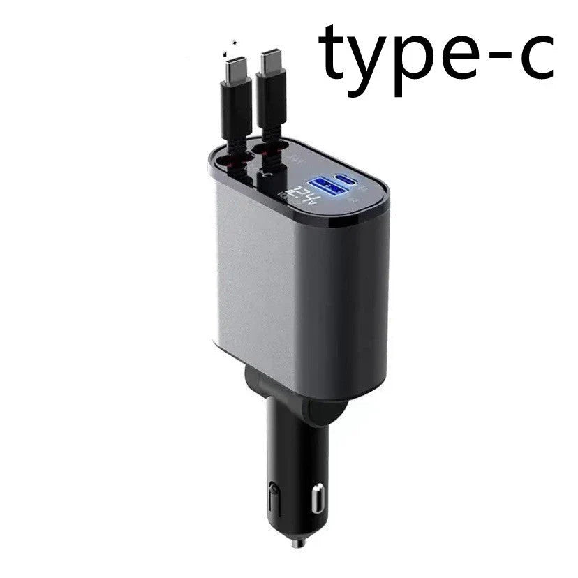 Ultra-Fast 100W Car Charger with Retractable Cable and Adjustable Connector for Rapid Smartphone, Tablet, and Laptop Charging