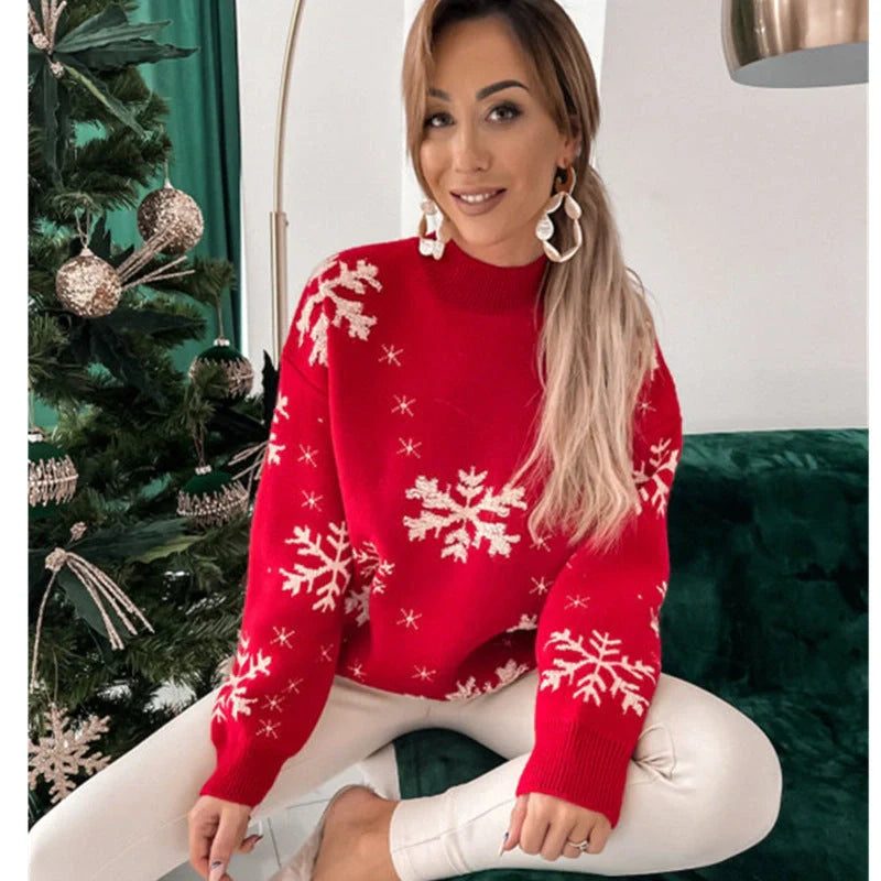 Women's festive Christmas snowflake print knitted sweater in red, green, and grey