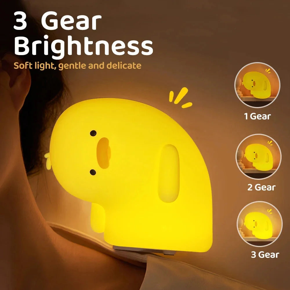Cute Duck LED Night Light in white and yellow, USB rechargeable with touch control