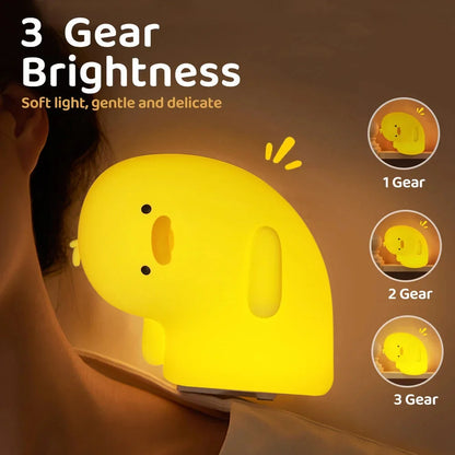 Cute Duck LED Night Light in white and yellow, USB rechargeable with touch control