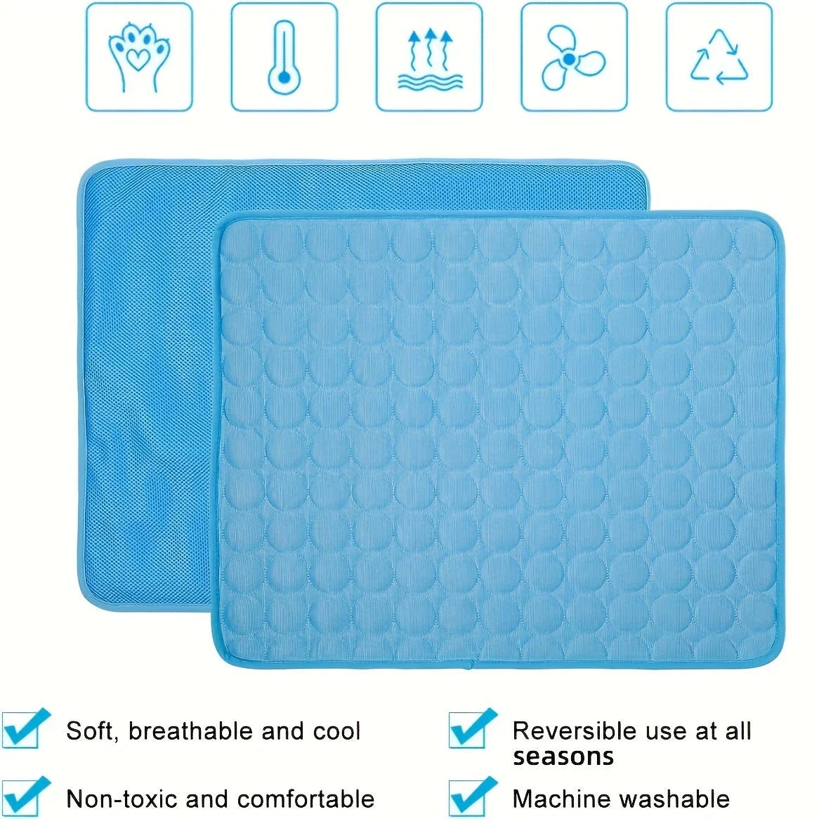 A cooling mat for pets in various sizes and colors, designed to provide refreshing comfort and temperature regulation.