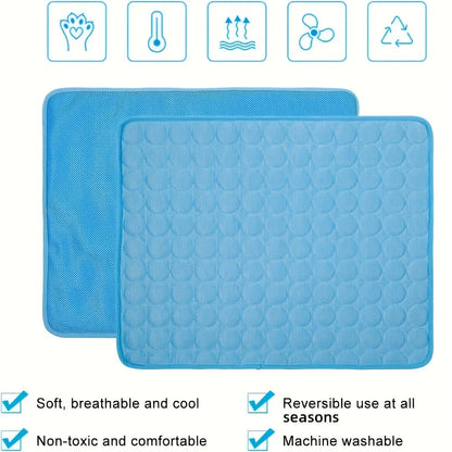 A cooling mat for pets in various sizes and colors, designed to provide refreshing comfort and temperature regulation.