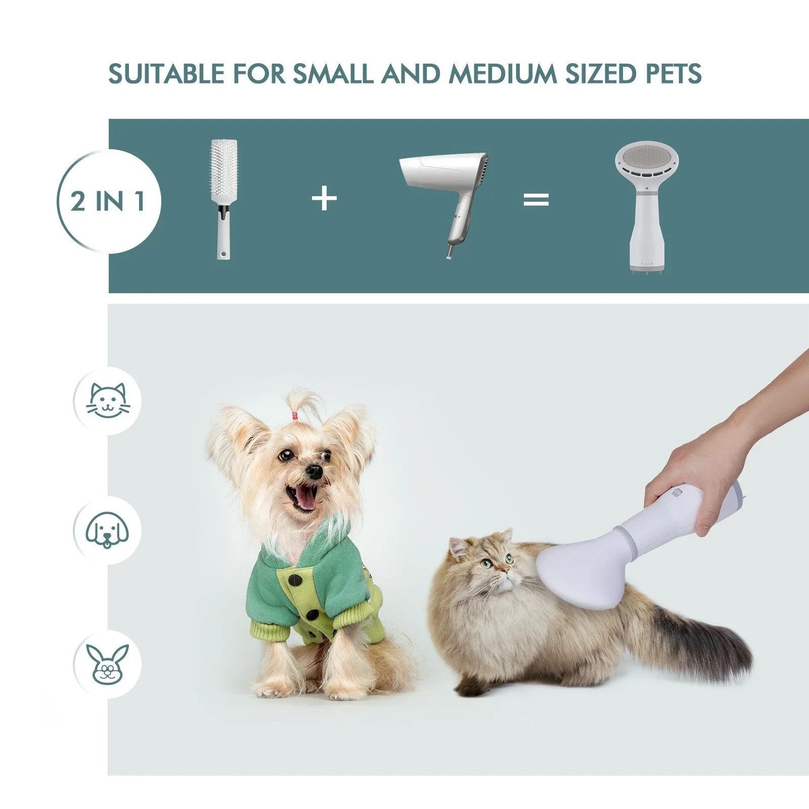 Premium pet hair dryer with noise reduction technology and stainless steel slicker brush attachment