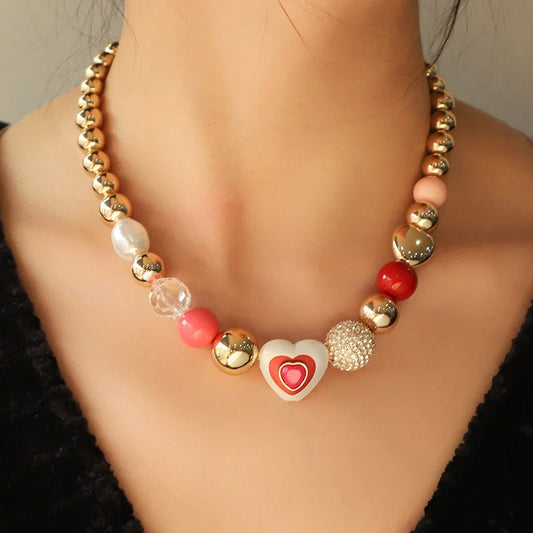 Original Heart Peach Pearl Bracelet and Necklace Set with mother of pearl pendant