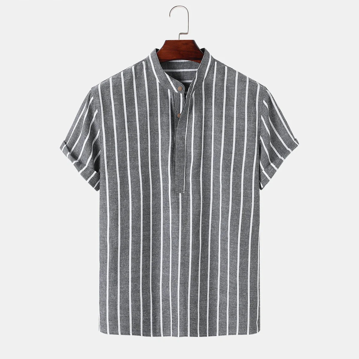 Men's striped cotton short sleeve shirt in white, red, grey, and blue