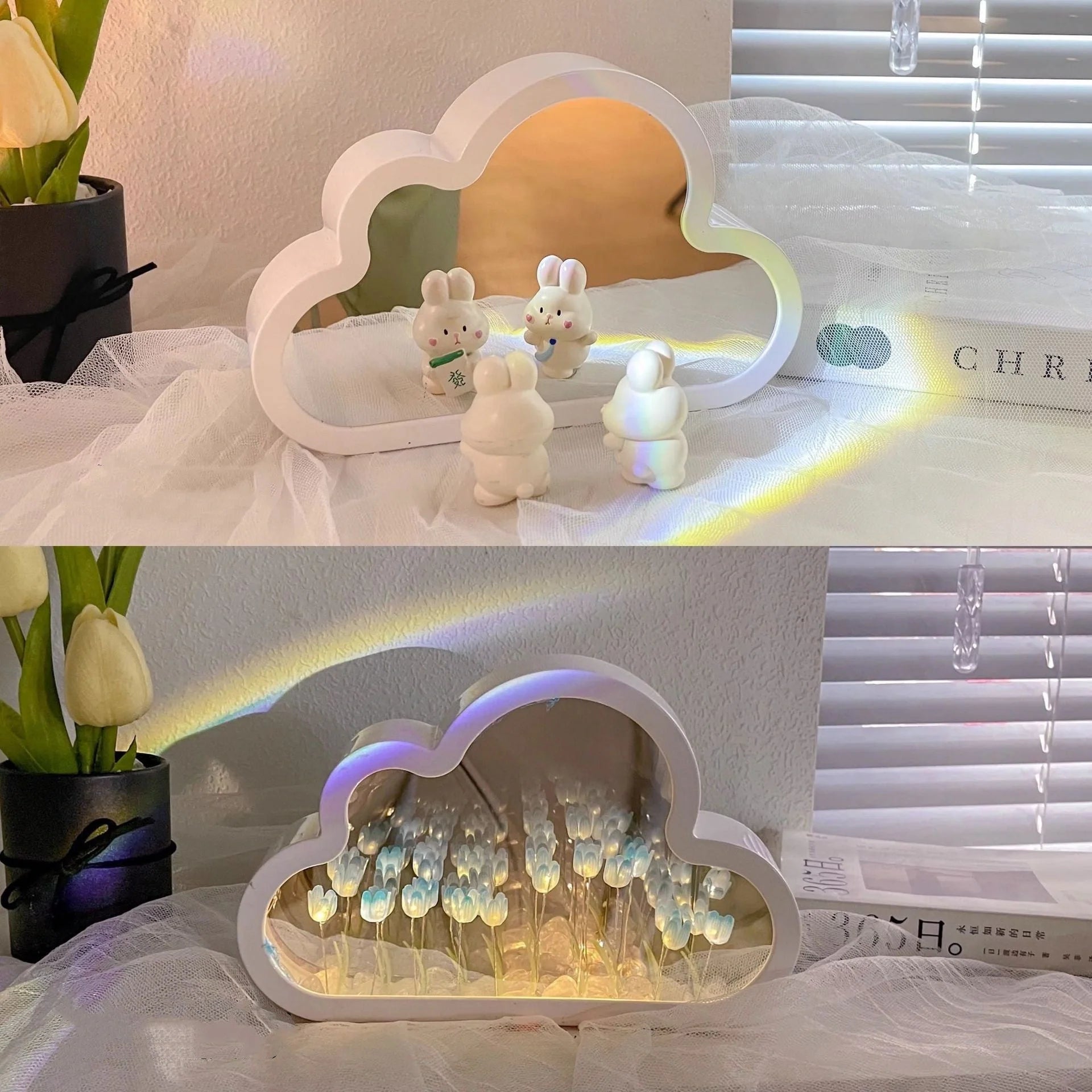 DIY Tulip Night Lamp in pink, purple, and blue with LED lights and decorative mirror feature