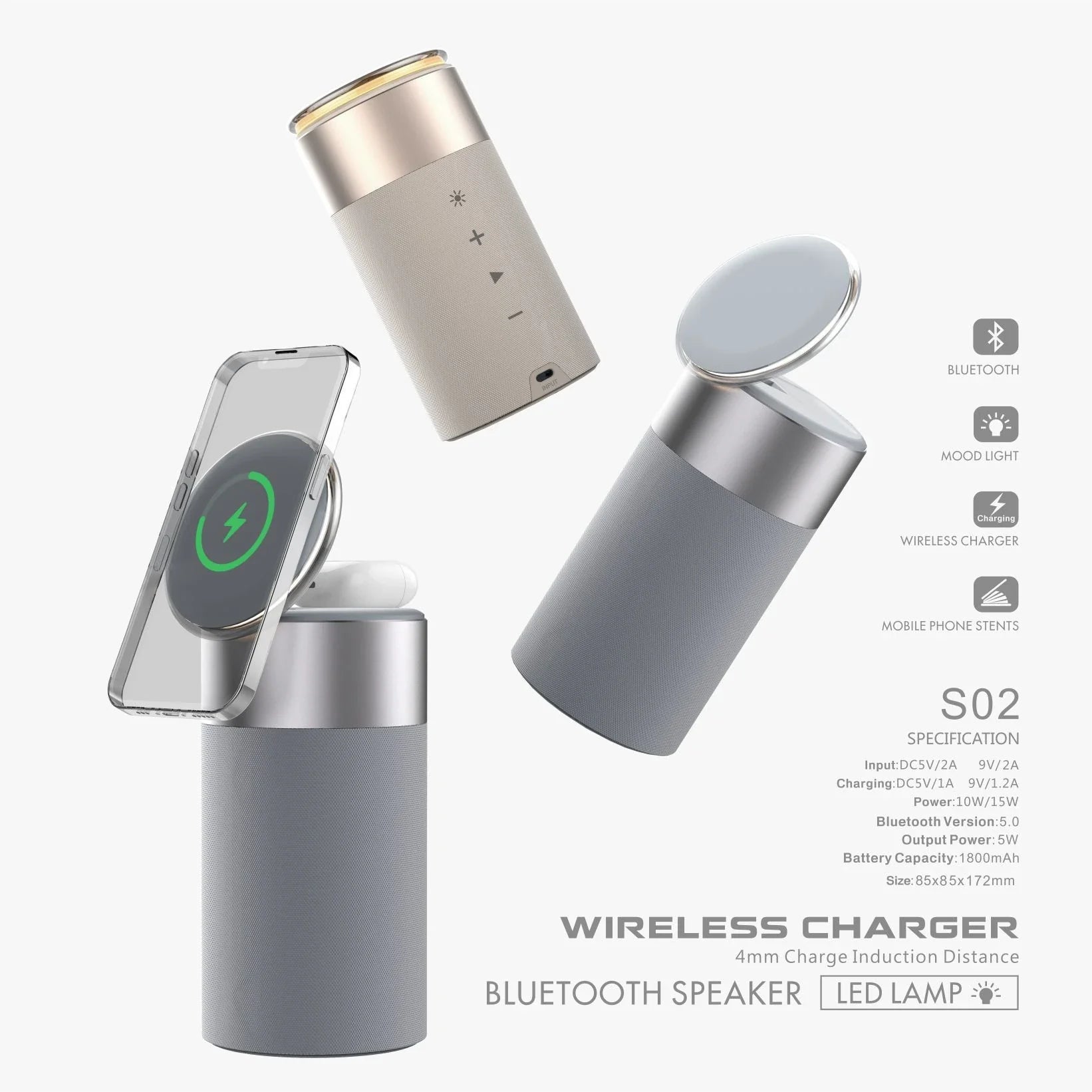 A 3-in-1 device that combines a wireless charger, Bluetooth speaker, and touch-controlled lamp for versatile functionality in the home or office.