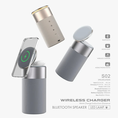 A 3-in-1 device that combines a wireless charger, Bluetooth speaker, and touch-controlled lamp for versatile functionality in the home or office.