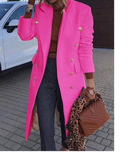 Elegant women's wool double-breasted mid-length coat for autumn and winter