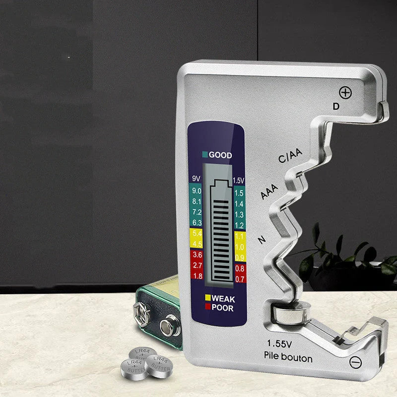 Universal Digital Battery Tester with LCD display for checking AA, AAA, 9V, and button cell batteries