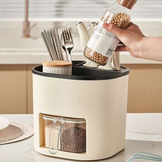 Rotating multipurpose kitchen storage organizer with four compartments for spices, utensils, and other cooking essentials