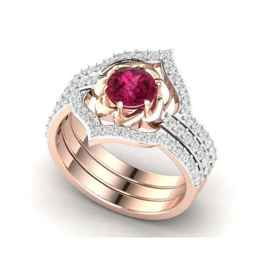 Rose gold floral engagement ring set with elegant design and premium materials