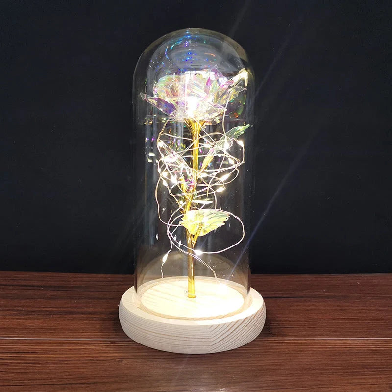 Enchanted Forever Rose in Glass LED Light decoration with realistic rose and wooden base