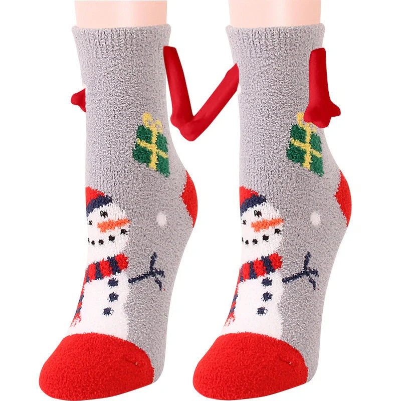 Christmas couple socks with magnetic suction feature for hand holding, festive 3D animal patterns