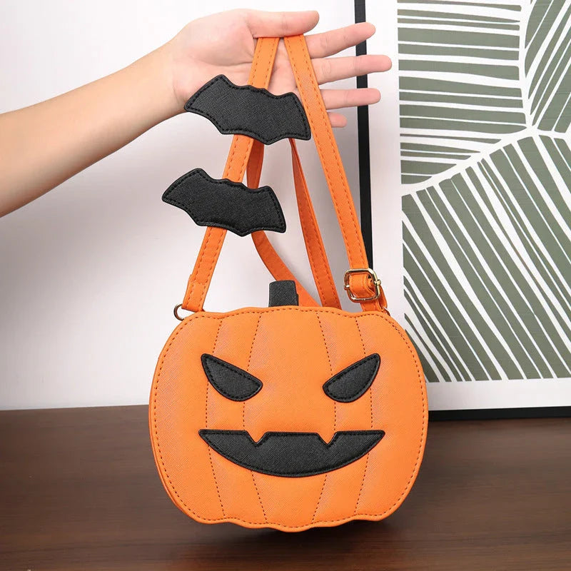 Stylish Halloween shoulder bag with pumpkin cartoon and bat design, available in various color options