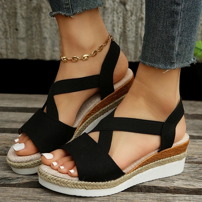 Women's cross-strap platform gladiator sandals with hemp heel in various colours