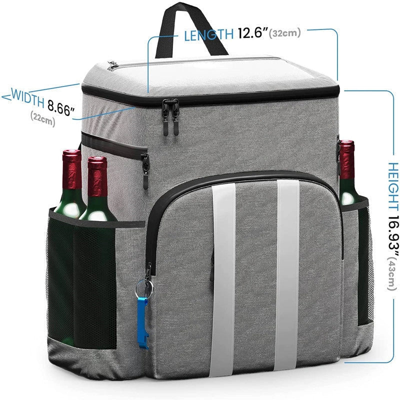 Premium refrigerated backpack in grey and black colours, perfect for picnics and outdoor adventures in the British countryside