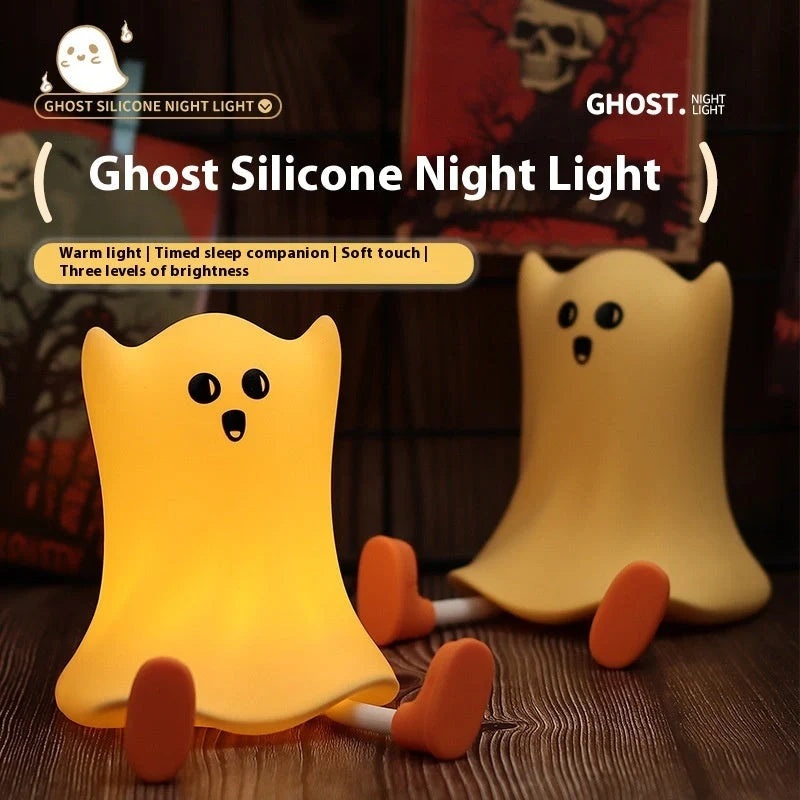 A Halloween-themed bedside lamp in the shape of a ghost, emitting a soft, calming glow.