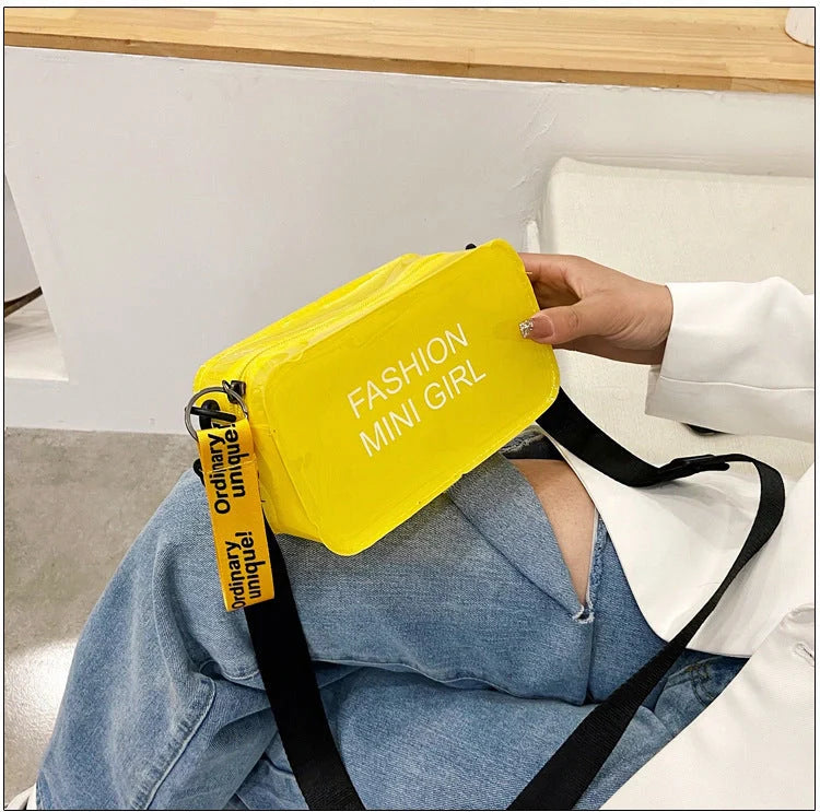 Transparent square fashion shoulder bag with adjustable strap and internal phone compartment