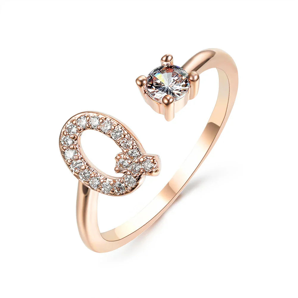 Customizable adjustable ring with 26 letters for women, featuring zircon stones and copper alloy construction