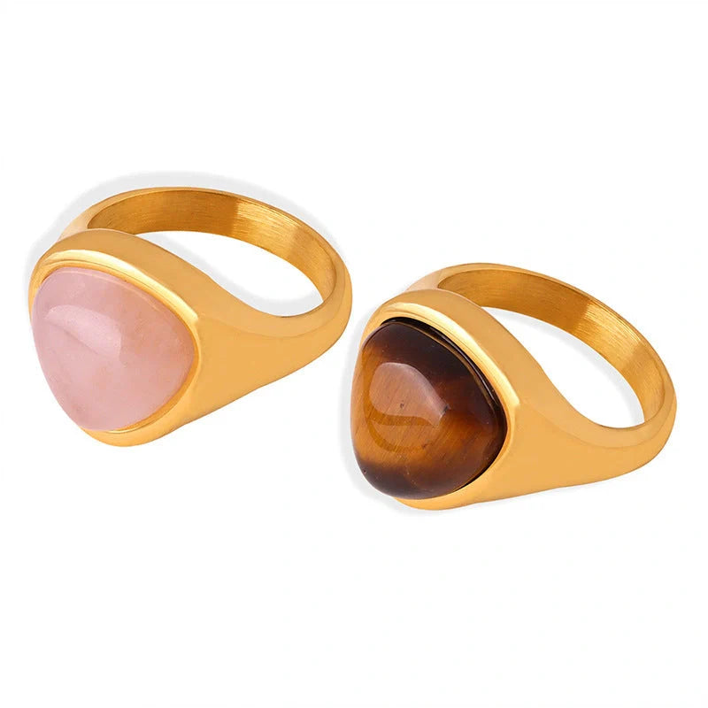 Retro titanium steel ring with natural stone in pink crystal and Tigereye options