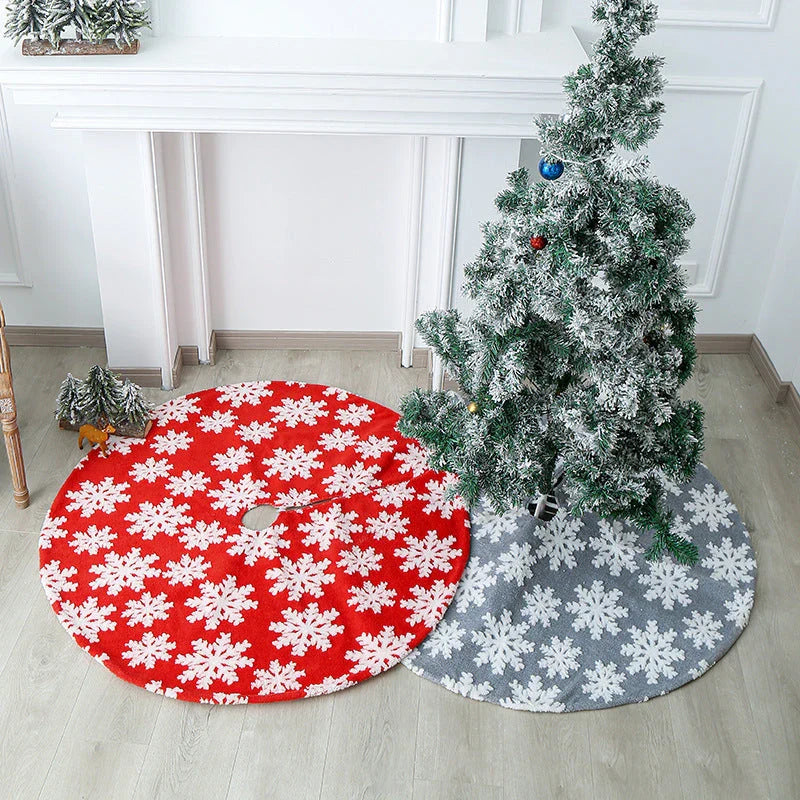Soft, plush Christmas tree carpet skirt in red and grey, adding festive charm to a living room