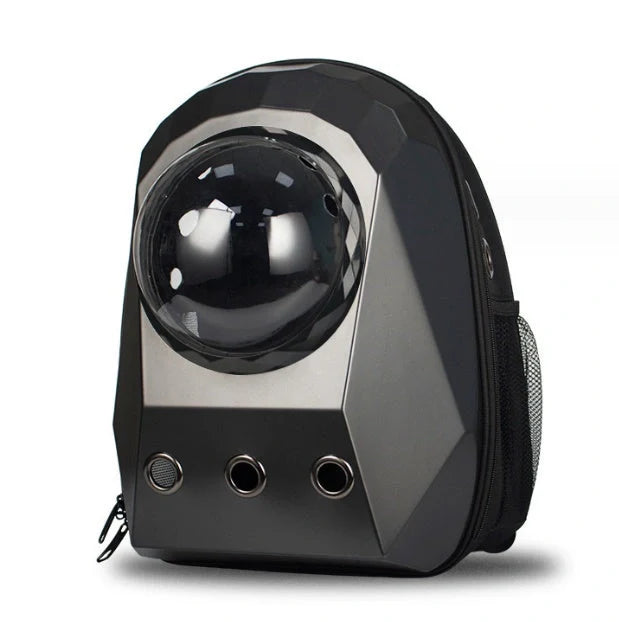 Space capsule style cat carrier backpack with transparent window and ventilation holes