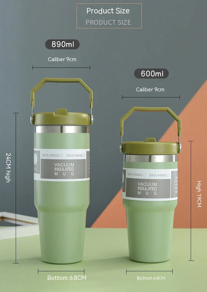 Stainless steel insulated tumbler with handle, available in multiple colors and sizes, designed to keep drinks hot or cold for hours.