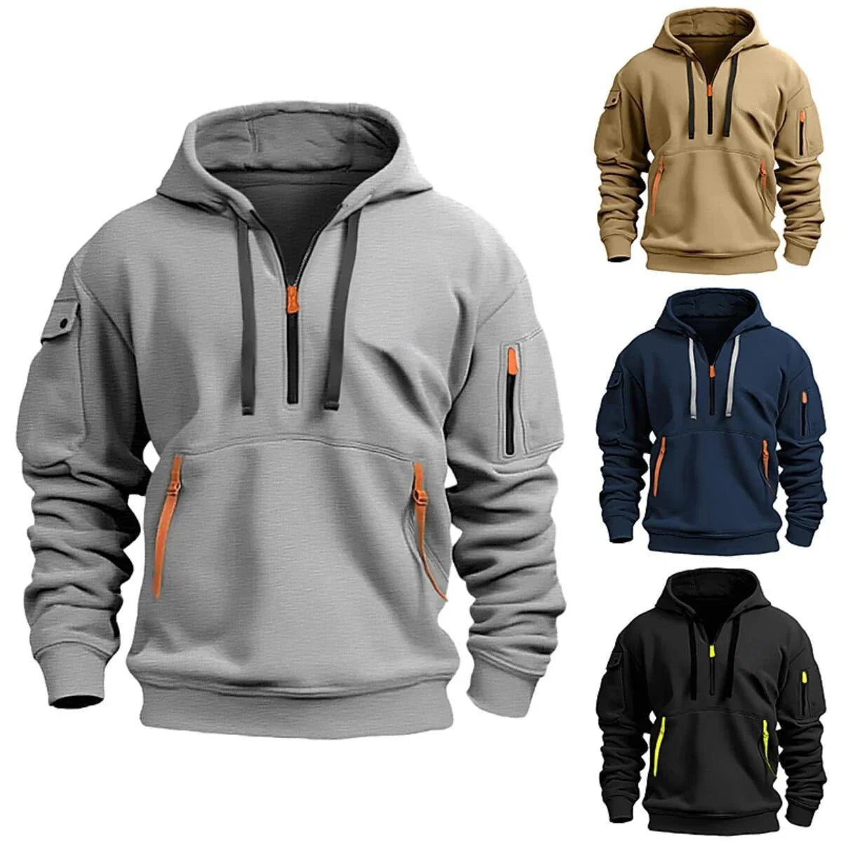 Cozy Hooded Pullover in Black, Navy Blue, Khaki, and Light Gray Colors