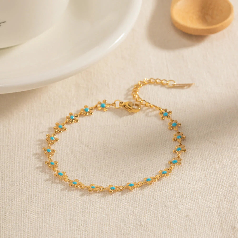 Elegant pastoral oil-spot glaze flower necklace and bracelet set in stainless steel